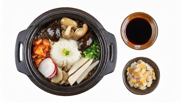 Foto comida coreana oyster arroz em panela de pedra quente com cogumelo jujube fatias de rabanete e molho de soja isolado em w