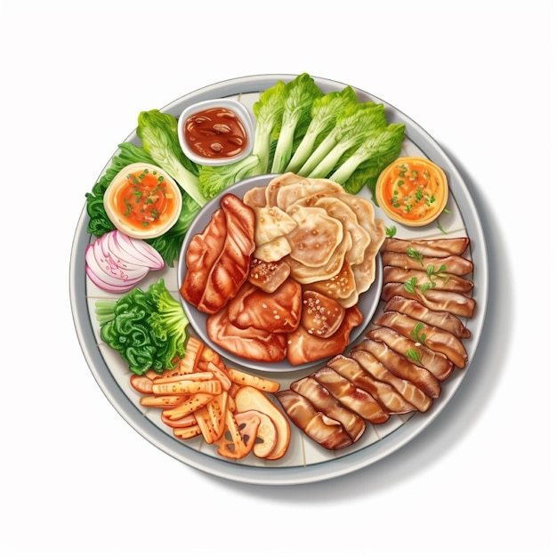 Comida coreana Samgyeopsal con hojas de perilla de lechuga, cebollas en rodajas y kimchi de ajo crudo generado por IA