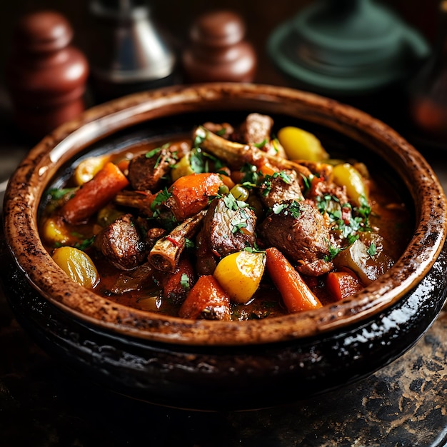 Comida culinaria marroquí con cordero tierno y verduras