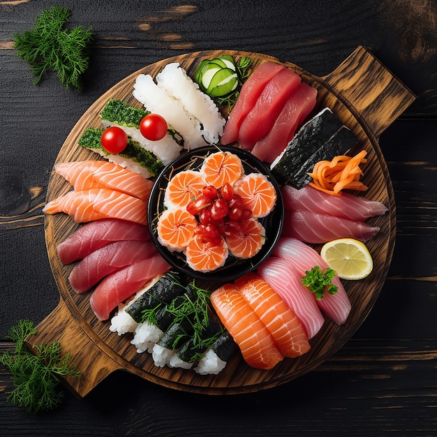 Comida de almoço delicada cheia de legumes frescos cheios de cores saborosos frutos do mar scampi sushi