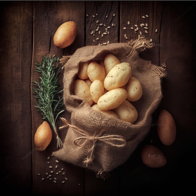 Comida de batata crua Batatas frescas em um saco velho em fundo de madeira Lugar livre para texto Vista superior