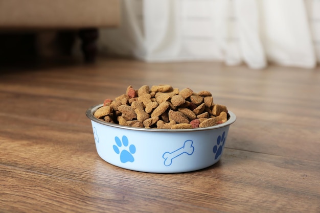 Comida de cachorro em tigela no chão em casa