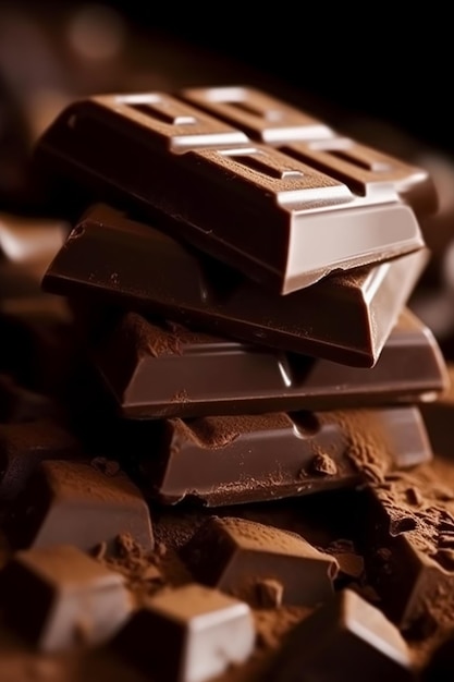 Comida de chocolate e doces esmagados barras de chocolate ao leite fresco pós-processado generativo ai