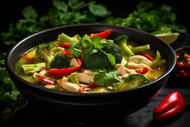 Comida de curry verde em tigela de cerâmica fusão de curry tailandês e indiano