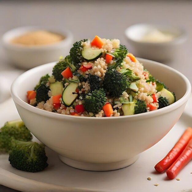 comida de estudo salada de quinoa com abobrinha pimenta vermelha cenoura e brócolis assado AI