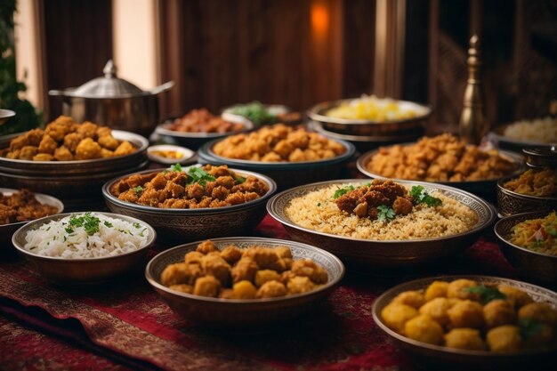 Foto comida de férias de ramadã de festa iftar pratos muçulmanos árabes arco c