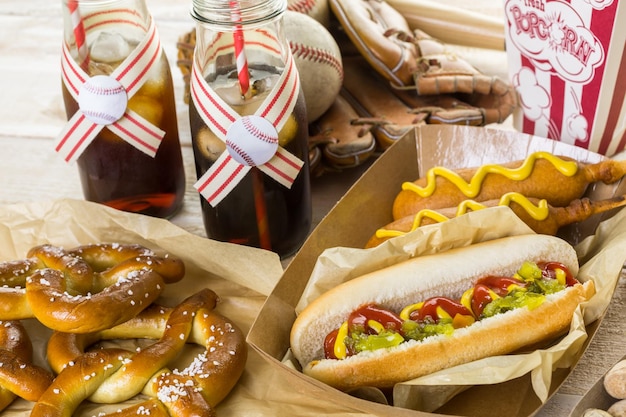 Comida de festa de beisebol com bolas e luva em uma mesa de madeira.