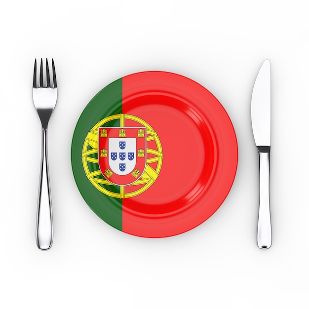 Comida de portugal ou conceito de cozinha. garfo, faca e prato com bandeira portuguesa em um fundo branco. renderização 3d