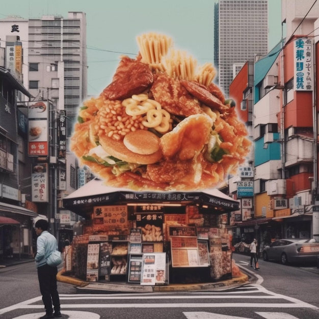 Comida de rua asiática colagem arte estilo vintage ilustração gerada por IA