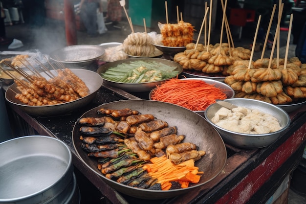 Comida de rua asiática Pratos orientais tradicionais no mercado de rua Generative AI