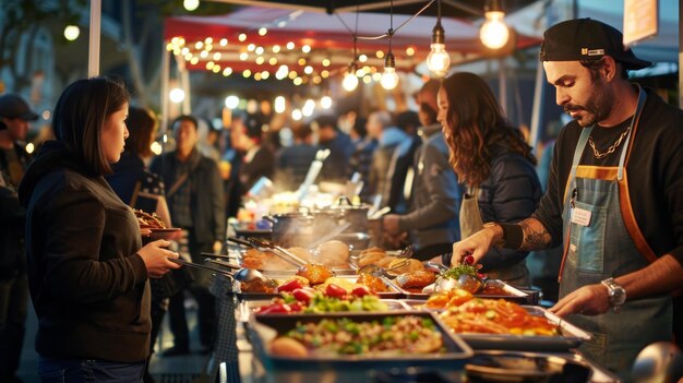 Comida de rua conceito culinário diversificado As pessoas comem comida espacial asiática