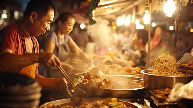 Foto comida de rua conceito culinário diversificado as pessoas comem comida espacial asiática