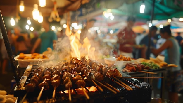 Comida de rua conceito culinário diversificado As pessoas comem comida espacial asiática