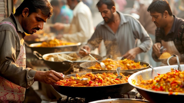 Comida de rua conceito culinário diversificado As pessoas comem comida espacial asiática