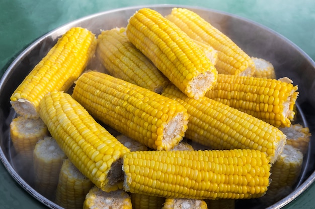 Comida de rua. Espigas de milho maduras são cozidas no vapor em uma grande panela de metal.