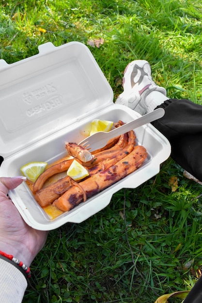 Comida de rua Polvo estufado em tomate numa feira livre