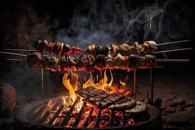 Comida de rua Tradicional Espetos de várias carnes grelhadas no fogo e carvão