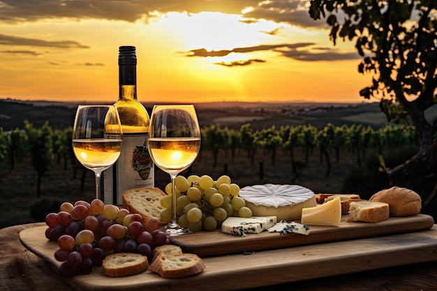Comida de vinho e queijo em uma bandeja de madeira ao pôr do sol