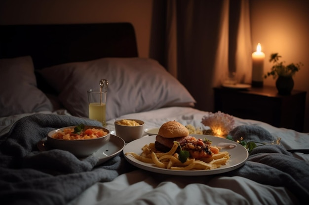 Una comida deliciosa en una cama en la vista lateral del dormitorio