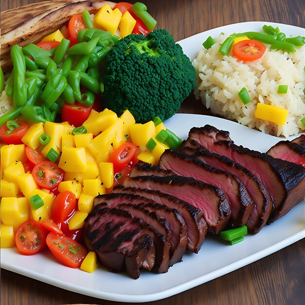 Comida deliciosa carne asada con salsa verduras arroz y papas fritas generativo ai