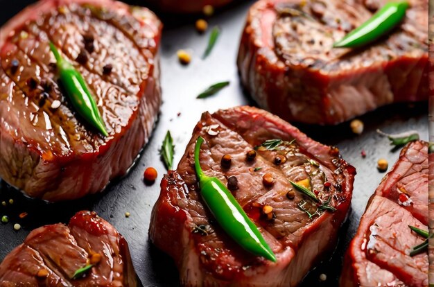 Foto comida deliciosa y concepto de artesanía cortando bistec de carne de caballo en un escritorio de madera