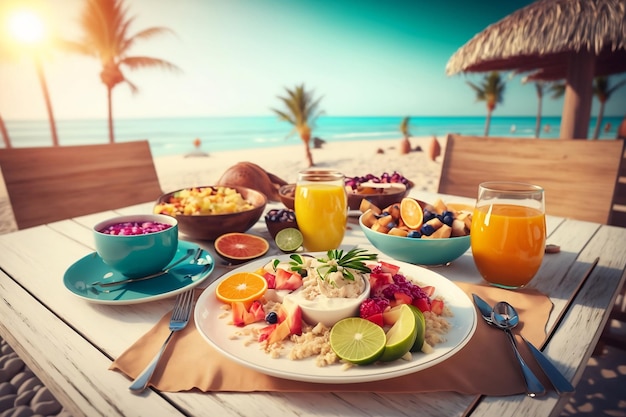 Comida deliciosa e saudável com frutas exóticas de café e vistas panorâmicas do oceano Generative ai