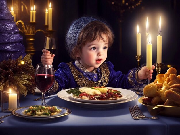 Foto comida deliciosa preparada para o hanukkah judaico em uma bela mesa com decoração de vinho champanhe