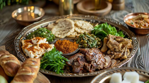 Una comida deliciosa y saludable de carnes a la parrilla verduras y pan pita la comida perfecta para una reunión de familia o amigos