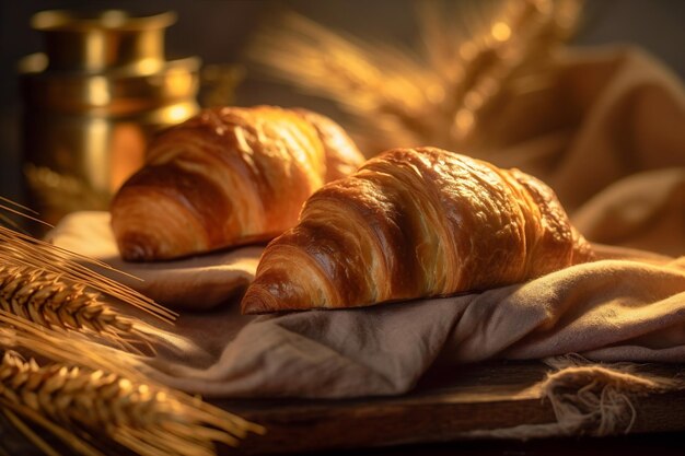 Comida desayuno bebida bokeh croissant fondo taza mesa mañana fondo panadería bokeh IA generativa