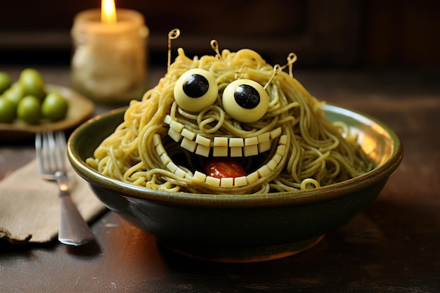 Comida divertida para crianças cara sorridente de monstro de espaguete verde servido