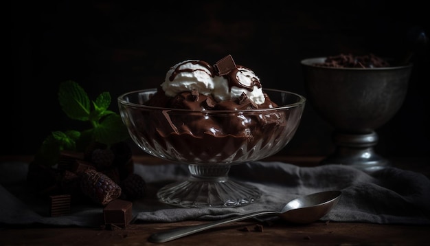 Comida doce na indulgência de chocolate de mesa rústica gerada por IA