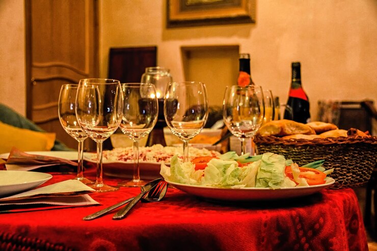 Foto comida e copo de vinho na mesa de um restaurante