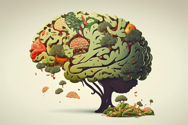 Comida em forma de cérebro em um fundo colorido Conceito de nutrição IA generativa