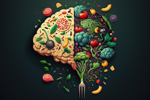Comida em forma de cérebro em um fundo escuro Conceito de nutrição IA generativa