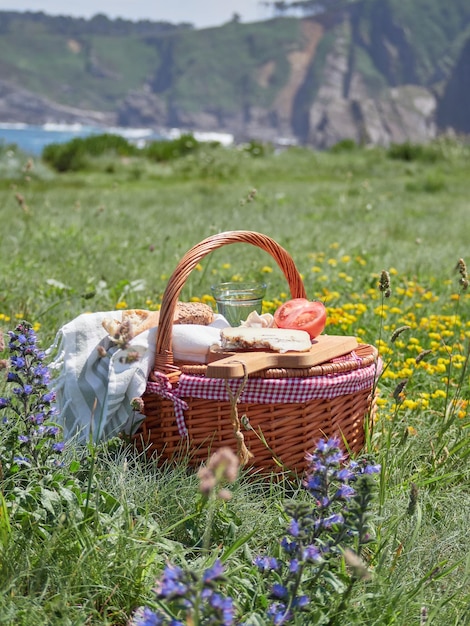 Comida em uma cesta de piquenique em um prado florido Comida ao ar livre na natureza primavera e verão