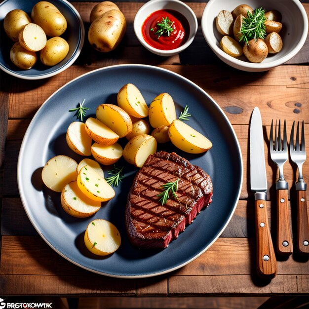 Comida estilo fotografia bife batatas prato mesa rústico restaurante apetitoso profissional