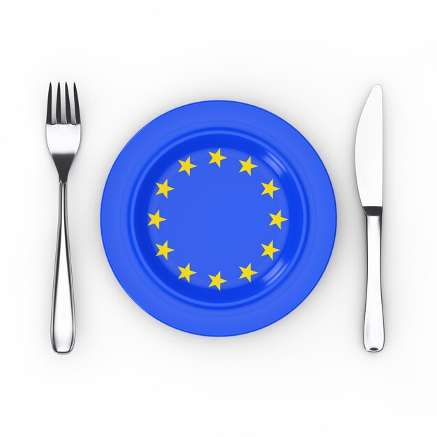 Comida europeia ou conceito de cozinha. Garfo, faca e prato com a bandeira da UE em um fundo branco. Renderização 3D