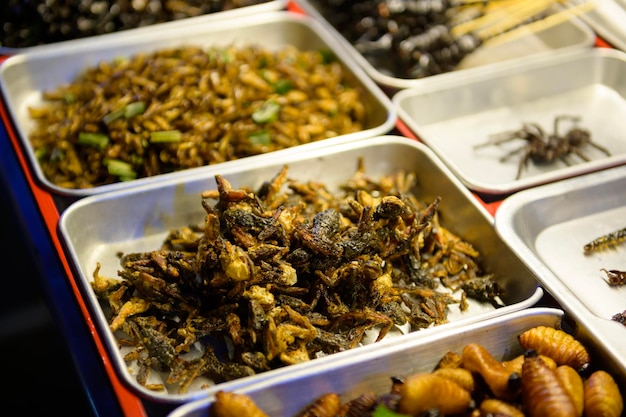 Comida exótica en Khao San road por la noche en la ciudad de Bangkok Tailandia Vacaciones y concepto de viaje