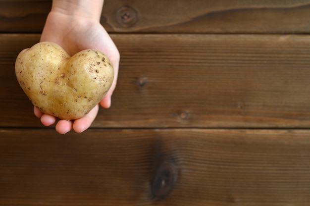 Comida fea. La mano del niño sosteniendo vegetales feos una patata en forma de corazón sobre una mesa de tablones de madera.