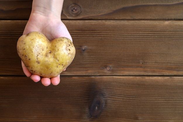 Comida fea. La mano del niño sosteniendo vegetales feos una patata en forma de corazón sobre una mesa de tablones de madera.