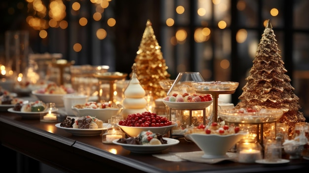 Foto comida festiva de navidad cena fina mesa buffet con platos dulces bocadillos postres y bebidas dorado