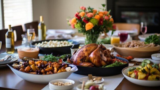 Foto una comida festiva de rosh hashanah con una variedad de platos