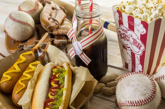 Comida de fiesta de béisbol con pelotas y guante en una mesa de madera.