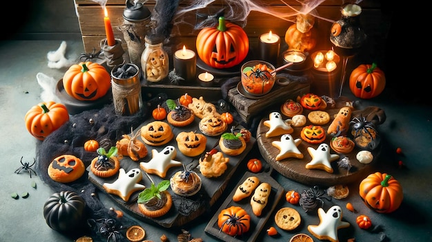 Comida de la fiesta de Halloween con una selección de aperitivos con temática de Halloween en un fondo rústico