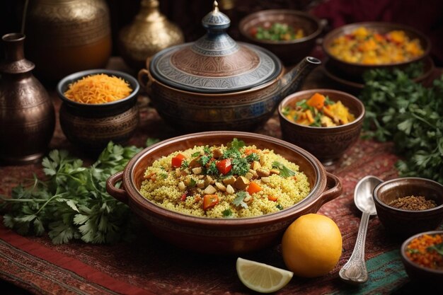 Comida de fiesta marroquí ensalada de tajine cuscús y té vista desde arriba