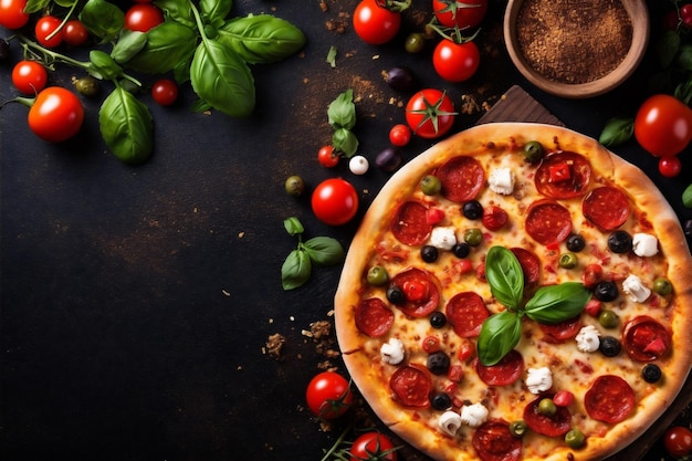 Comida de fondo tomate espacio de primer plano comida italiana queso pizza rápida copia comida negra IA generativa