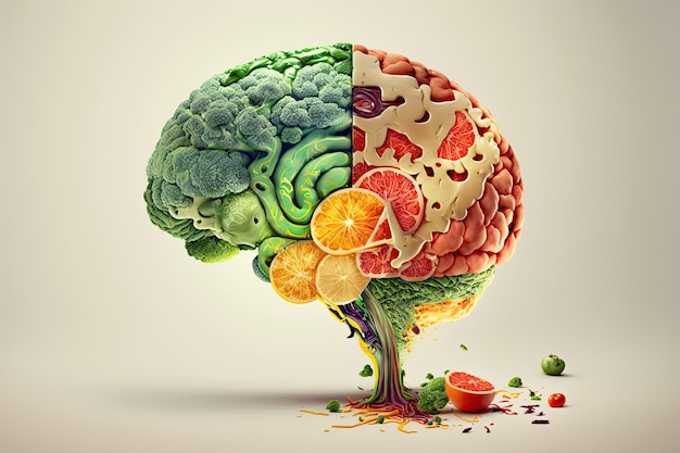 Comida en forma de cerebro sobre un fondo colorido Concepto de nutrición IA generativa