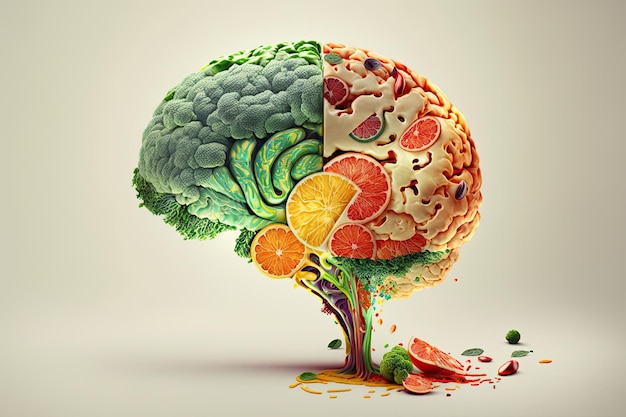 Comida en forma de cerebro sobre un fondo colorido Concepto de nutrición IA generativa