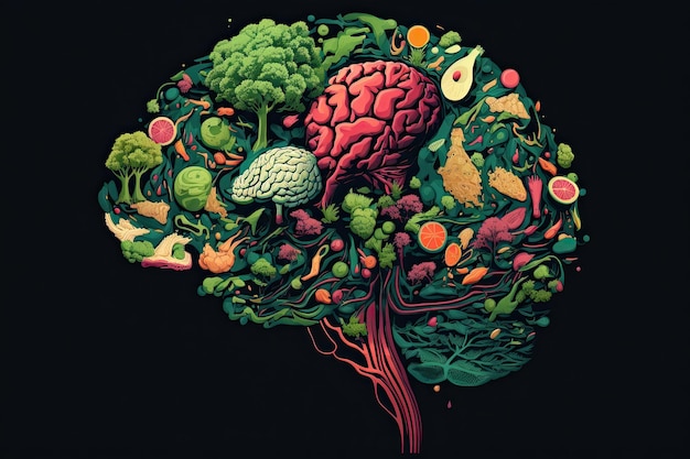 Comida en forma de cerebro sobre un fondo oscuro Concepto de nutrición IA generativa