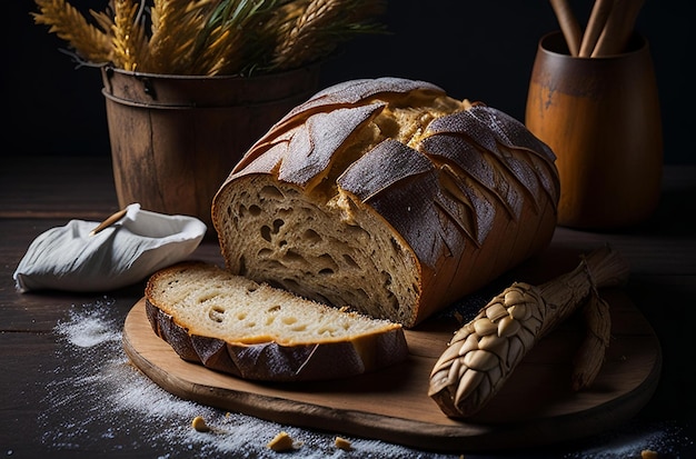 Comida Fotografia de um pão caseiro recém-cozido que exala calor e conforto em uma mesa de madeira rústica